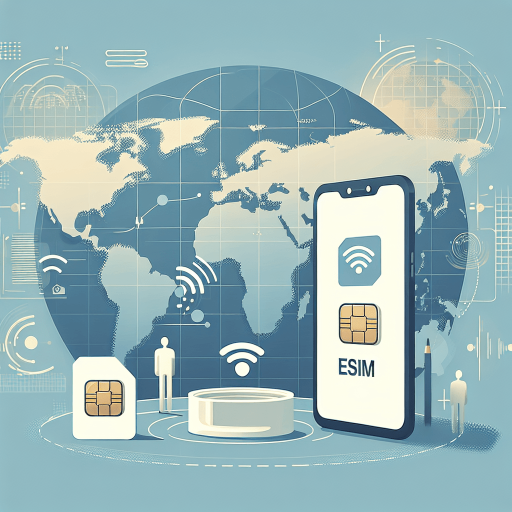 סמארטפון שמציג מסך הגדרות eSIM עם כרטיסי סים מסורתיים מונחים על מפה של העולם, ברקע אייקון אינטרנט וגלובוס, מדגיש את היתרון של esimil חבילות גלישה בחו"ל ומבחר חבילות אינטרנט לחו"ל