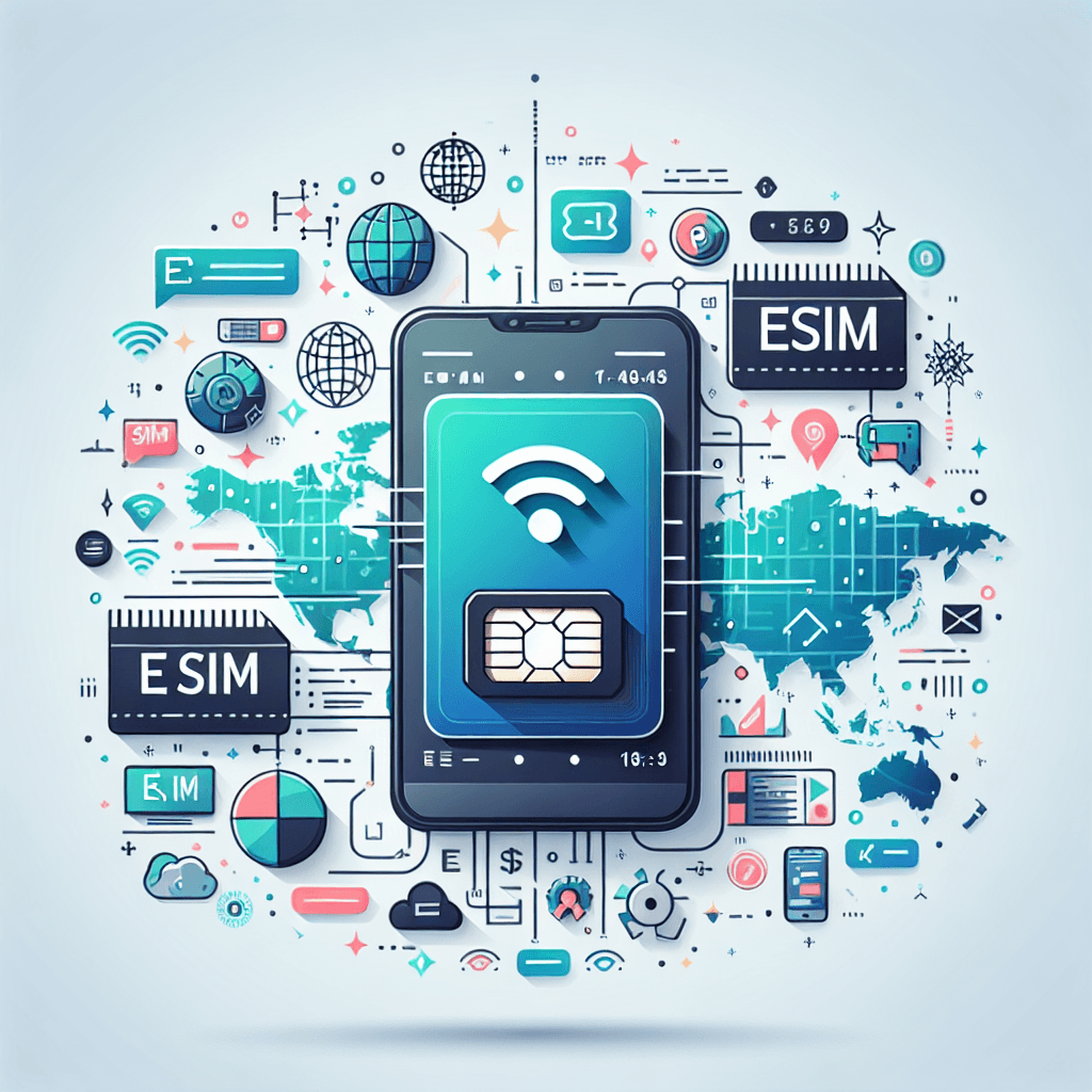 סמארטפון עם סמל eSIM, גלובוס ומפה ברקע, יחד עם אייקונים לחבילת גלישה וסים לחו"ל – המחשת השוואה בין esim, סים וכרטיסי גלישה לנוסעים לחו"ל
