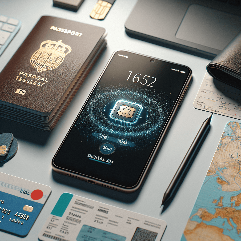 טלפון חכם המציג מסך הפעלה של אי סים (eSIM) לצד דרכון, כרטיס אשראי, כרטיס טיסה ומפה – כל היתרונות של סים דיגיטלי לחו"ל לחיסכון בזמן וכסף בטיול.